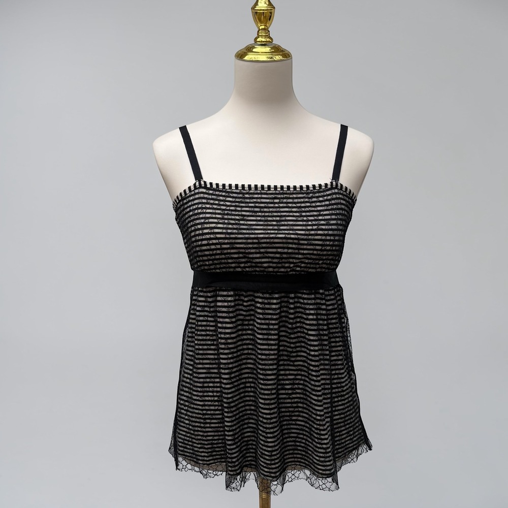 White House Black Market Camisole S Black Striped Lace‎ Overlay Babydoll Y2K